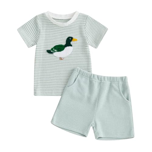 Socutebabe Toddler Boy Summer Outfits Mallard Duck Short Sleeve Top And Shorts 2 Piece Smocked Outfit Baby Clothes