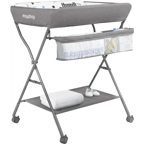Baby Changing Table with Wheels, Maydolly Portable Adjustable Height Folding Diaper Station with Nursery Organizer & Storage Rack for Newborn Baby and Infant (Light Grey)