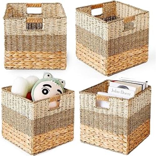 Wicker Storage Cubes 10.5 x 10.5, Set of 4 Heavy Duty Hyacinth Baskets for Shelf, Storage Cube Bins, 11 inch Natural Foldable Square Baskets for Cube Storage, 11x11 Cubby Kallax Inserts
