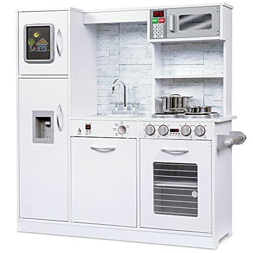 Lil' Jumbl Kids Kitchen Set, Pretend Wooden Play Kitchen, Battery Operated Icemaker & Microwave with Realistic Sound, Pots & Pan Included - White