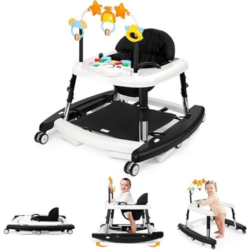 5-in-1 Music and Lights Baby Walker Foldable with 5 Adjustable Heights, Baby Walker with Wheels and Bouncer Combo Portable, Infant Toddler Walker for Baby Boy Girls 6-18 Months