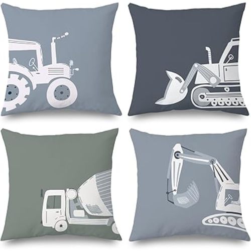 Construction Truck Pillow Covers 18x18 Set of 4,Construction Room Decor for Boys, Construction Truck Decor for Toddler Boys Room Bedroom Playroom Nursery