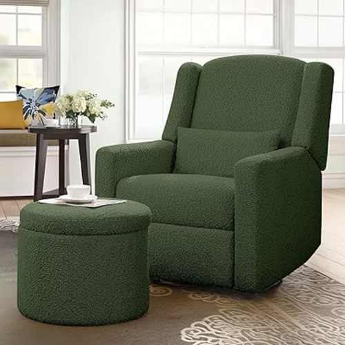 Power Recliner Chair Swivel Glider, Large Rocker Recliner with Ottoman & USB Charging Port, Boucle Upholstered Swivel Rocker Glider Recliner for Nursery,Bedroom,Living Room, Green