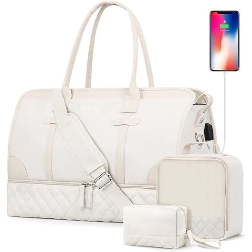 ETRONIK Weekender Overnight Bag for Women, Large Travel Duffle Bag with Shoe Compartment & Wet Pocket, Carry On Tote Bag Gym Duffel Bag with Toiletry Bag, Bag for Hospital 3 Pcs Set, XL Size, Beige