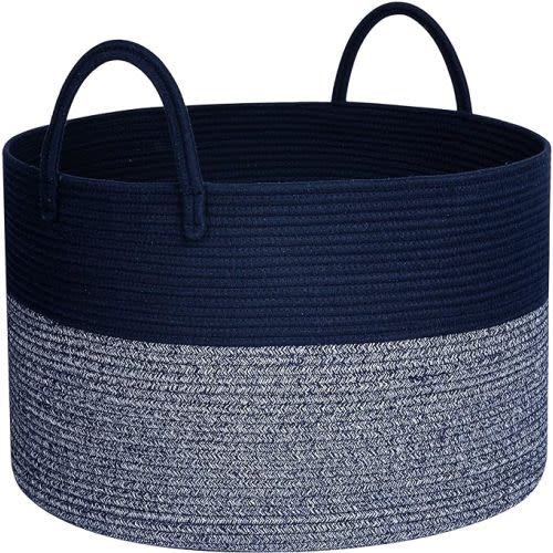 MINTWOOD Design Extra Large 22 x 14 Inches Blanket Basket, Woven Laundry Basket, Toy Storage Baskets Bin, Decorative Round Cotton Rope Towel Pillow Basket Living Room, Navy Blue