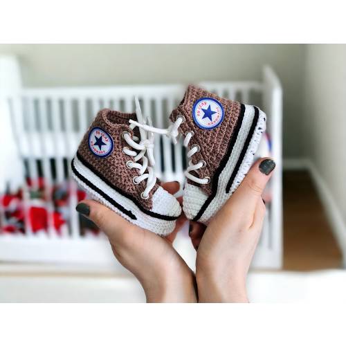 Brown High-Top Crochet Baby Sneakers - Soft Yarn Infant Booties - Customizable Cozy Shoes, Newborns and Toddlers - Custom Crochet Baby Shoes