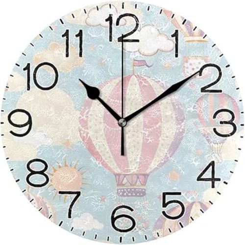 Hot-air Balloon Wall Clock Battery Operated Non Ticking Silent Quartz Analog Rustic Farmhouse Round Clock Retro Decor for Home Kitchen Living Room Bathroom