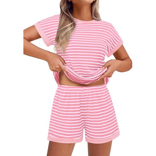 EKOUAER 2 Piece Sets for Women Summer Outfits Cute Stripe Knit T Shirts Shorts Matching Lounge Set