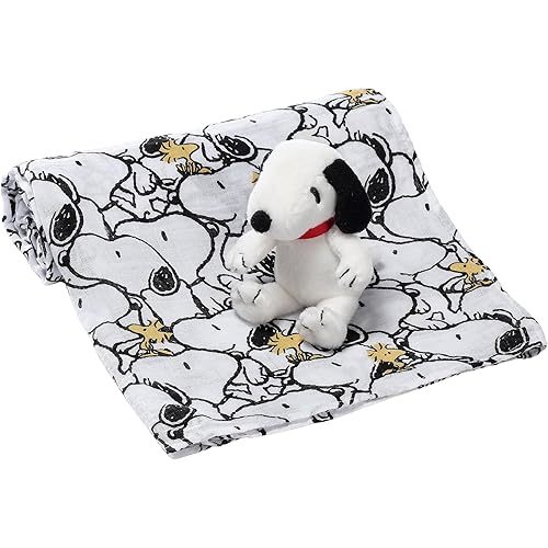 Lambs & Ivy Snoopy Muslin Swaddle Blanket & Mini Plush Newborn Baby Gift Set