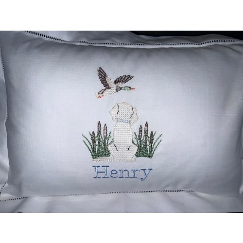 Exquisite Personalized Cotton Hemstitched Baby Pillow For Baby's Nursery-Personalized Baby Pillow-Baby Shower Gift-Yellow Lab Mallard Pillow