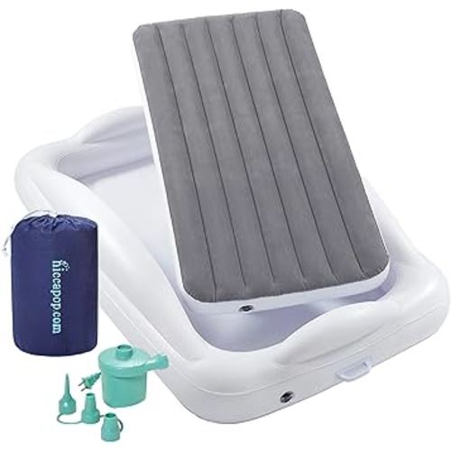 hiccapop Inflatable Toddler Travel Bed with Safety Bumpers [4-Sided] | Portable Toddler Bed for Kids | Toddler Air Mattress | Kids Air Mattress - Grey