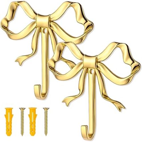 2 Pcs Large Size Gold Bow Hooks for Wall, 4.74 x 3.54 Inch Bow Knot Brass Coat Hooks Wall Door Decor Holder Hat Towel Hook for Living Room Bathroom Bedroom Kitchen Decorations