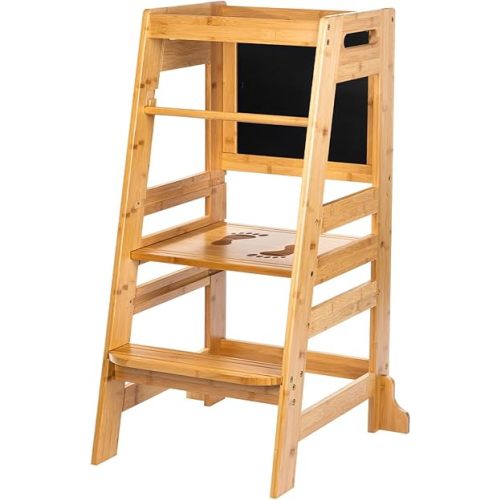 UNICOO Bamboo Adjustable Height Kids Kitchen Step Stool, Toddler Learning Tower & Helper Stool for Bathroom, Kitchen Counter - Designed for Toddler's Growth and Independence (P042-Nature)