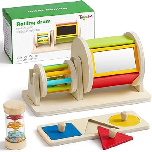 Toyssa Wooden Montessori Toys for Babies 6-12 months with Rainbow Color and Mirror Spinning Drum/Baby Shape puzzle 6-12 months/Sensory Toys Rain Rattle, Montessori Toys Gifts for Toddlers 1 Years Old