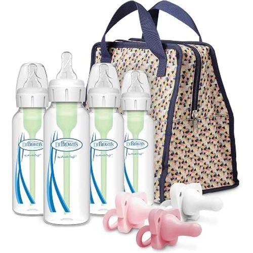 Dr. Brown's Anti-Colic Options+ Baby Bottles (4 Pack), Bottle Tote (Multicolor), and Happy Paci (Light Pink, 3pk) Bundle