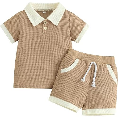 Kuriozud Newborn Baby Boy Summer Clothes Button Short Sleeve Romper Bodysuit Shorts Set Toddler Soft Waffle Outfit