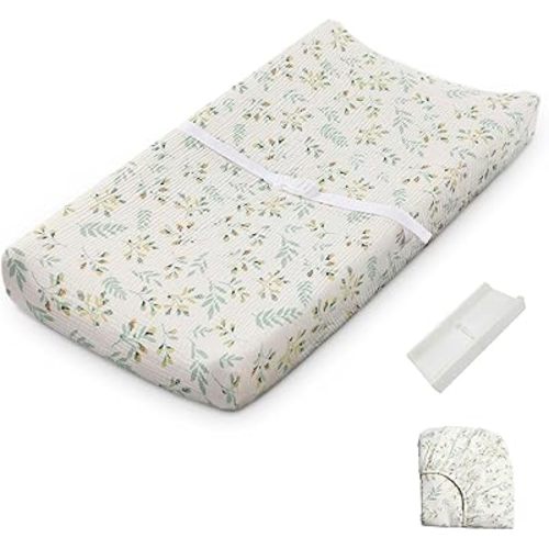 Blissful Diary Muslin Baby Changing Pad with Waterproof Lining Foam, Diaper Changing Table Pad with Cover for Dressers (Botanical Leaf, Rectangular)