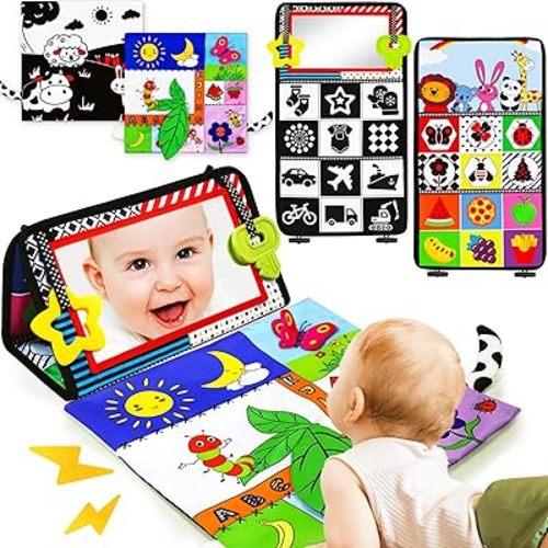 Baby Mirror Tummy Time Toys 3-6 Months Infant Newborn 0-3 Months Brain Development Montessori Sensory Crinkle Black and White High Contrast Baby Toy 0-6 6-12 Month Boy Girl Easter Basket Stuffers Gift