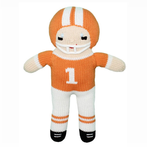 Orange and White Football Player Knit Rattle