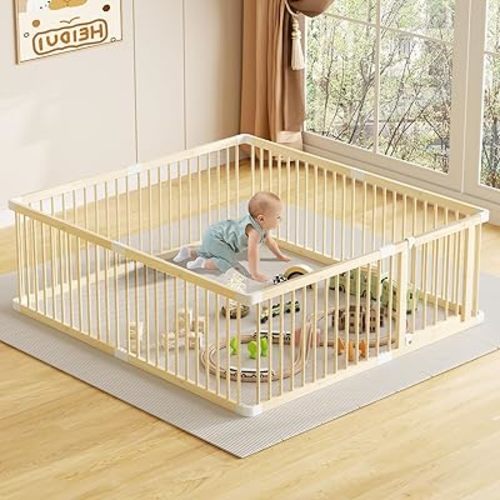 LOVMOR Large Wooden Baby Playpen, Adjustable Gate for Toddler and Babies, Portable Security Baby Fence Play Yard with Door (79.5 * 71.5 * 24 Inch)