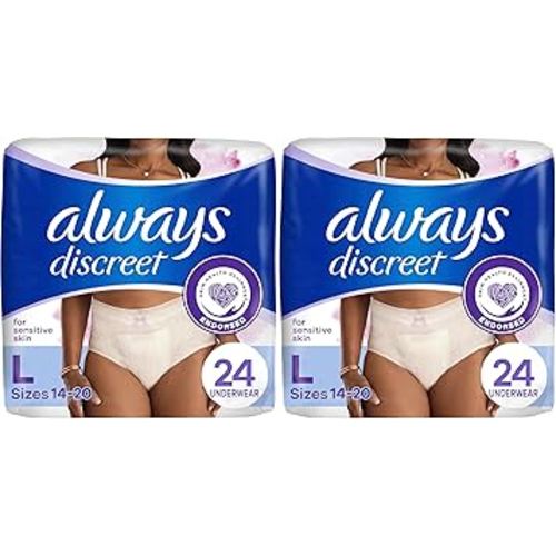 Always Discreet Sensitive, Incontinence & Postpartum Underwear for Women, Maximum Plus Protection, Large, 24 Count (Pack of 2)