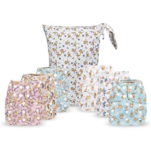 Simple Being Reusable Cloth Diapers, Double Gusset, One Size Adjustable, Washable Soft Absorbent, Waterproof Cover, Eco-Friendly Unisex Baby Girl Boy, six 4-Layers Microfiber Inserts (Monkey)