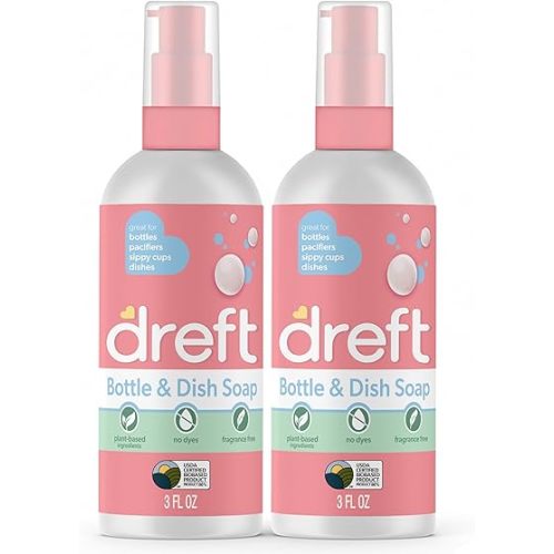 Dreft Bottle and Dish Soap | Made to Clean Baby Bottles, Sippy Cups, Pacifiers, Breast Pumps, & More | Gently Removes Milk Film & Odors | Plant Based, Fragrance Free Dish Soap | 3 Fl Oz (Pack of 2)