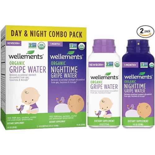 Wellements Organic Baby Gripe Water, Day & Night Combo Pack | Relieves Occasional Stomach Discomfort from Baby Gas, Colic, Hiccups and Fussiness | USDA Certified Organic (Pack of 2, 4 Fl Oz Bottles)