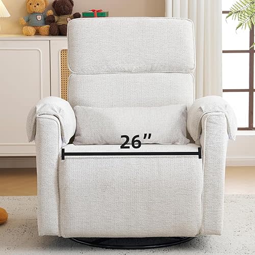 Oversized Power Recliner Chair, 26" Extra Wide Swivel Rocker Recliner with Adjustable Headrest, Chenille Glider Rocking Nursery Chair with Overstuffed Armrest, USB Ports, White