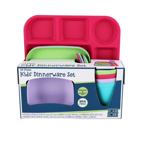 Your Zone 24-Piece Plastic Square Dinnerware Set for Kids with 4 Each Trays, Bowls, Plates, Cups, Forks, Spoons in Pink, Purple, Aqua, Green