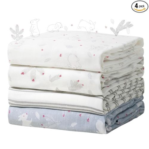 Momcozy Muslin Swaddle Blankets, 4-Pack Breathable and Skin-Friendly Receiving Blankets, Swaddle Blanket Shower Gifts & Baby Registry Essentials, Large 47"x47", Creamy Rabbit