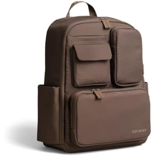 Itzy Ritzy Utility Diaper Bag Backpack – Features 17 Pockets (Including 2 Insulated Bottle Holders) & Trolley Sleeve and Includes Stroller Straps & Changing Pad – Part of the Belong Collection (Mocha)