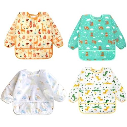 Accmor 4 Pack Long Sleeve Baby Bibs, Waterproof Sleeved Bib Smock for Baby Toddler 6-36 Months