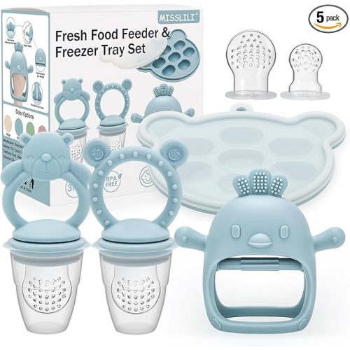 4 Pack Silicone Teething Mitten for Babies with Baby Fruit Food Feeder & Freezer Tray Set, BPA Free Infant Teething Relief Toy for 3 Month+, Additional Silicone Sacs