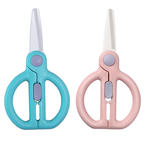 Dampen Ceramic Scissors for Babies, Portable Baby Scissors, Children Safety Food Cutter, with Blade Cover and Travel Case (Pink and Green)