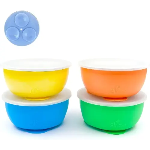 Elk and Friends Stainless Steel Bowls with Silicone Sleeve for Babies & Toddlers | Lids Included | Stay Put Suction | Cereal & Snack Bowls | 4 Pack