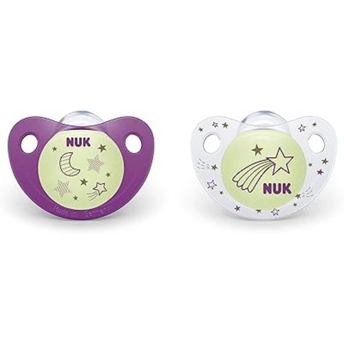 NUK Cute-as-a-Button Glow-in-The-Dark Orthodontic Pacifiers, Girl, 6-18 Months, 2-Pack