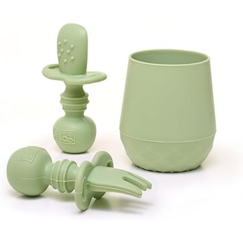 Tooshka Baby Utensil Set (3 pcs) - Self Feeding Spoons and Tiny Cup - Silicone & BPA Free - Baby-Led Weaning (BLW) Supplies - Ages 6+ Months - Green Baby Cup & Utensils