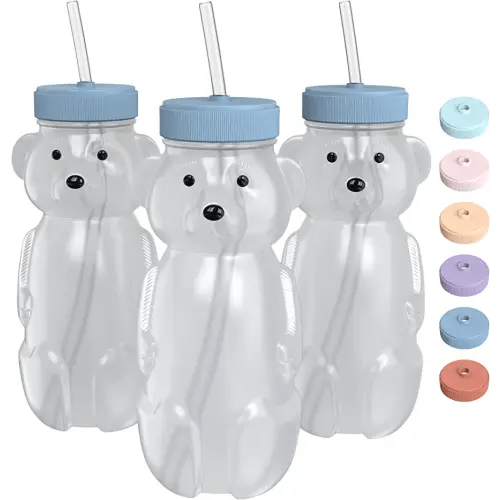 Honey Bear Straw Cup for Babies, 8-oz Honey Bear Cup with Lid, 3-Pack Therapy Learning Honeybear Straw Cup, Baby Honey Bear Bottle Set, Blueberry Pie BLUE