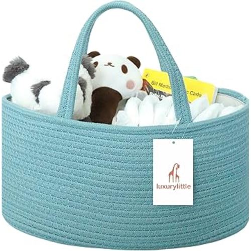 luxury little Diaper Caddy Organizer, Large Cotton Rope Nursery Baby Basket, Changing Table Organizer for Baby Diaper Storage, Portable Car Organizer Removable Divider (Lake Blue, Extra Large)
