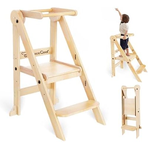 Foldable Toddler Tower, 3 Adjustable Height Toddler Standing Tower, Wooden Kids Kitchen Stool Helper with Safety Rails, Space Saving Kids Step Stool - Ages 18 Months to 6 Years