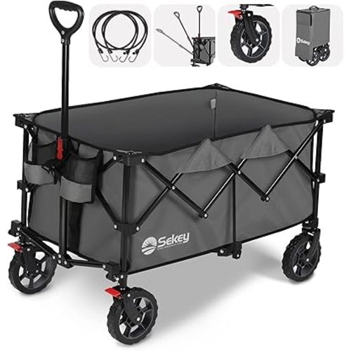 Sekey 220L Collapsible Foldable Wagon with 330lbs Weight Capacity, Heavy Duty Folding Wagon Cart with Big All-Terrain Wheels & Drink Holders (Grey)