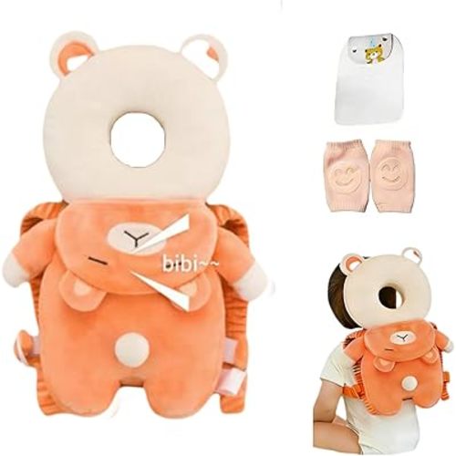 Baby Head Protector Backpack, Toddler Baby Head Protection Backpack with Baby Knee Pads Alarm Function for Walking & Crawling, Soft, Breathable and Wearing Safety Baby Head Protector- Orange Bear