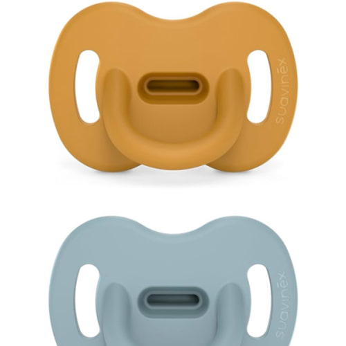 Color Essence SX PRO Silicone Baby Pacifier 2Pk, Made with 100% Soft Silicone, Baby Essentials Perfect for Breastfeeding Babies, Designed in Spain, 6-18 Mths, Mustard/Blue
