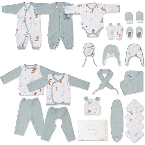 Neo Life 24-Piece Dinosaur Winter Organic Cotton Baby Gift Set – Baby Shower Layette Hamper, Newborn Essentials, Unisex 3-6 Months