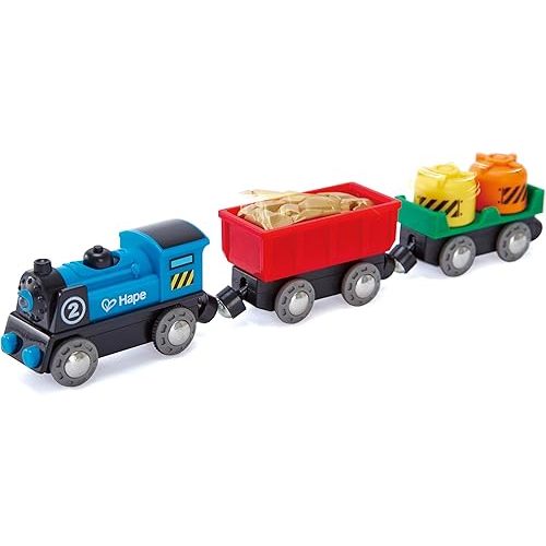 Hape Battery Powered Engine Set | Colorful Wooden Train Set, Battery Operated Locomotive with Working Lamp