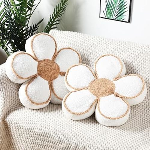2 Pack Flower Pillows Cute Flower Shaped Pillows 15.7 Inch Soft Throw Floor Cushion for Living Room Bedroom Sofa Couch Winter Warm Decoration(White)