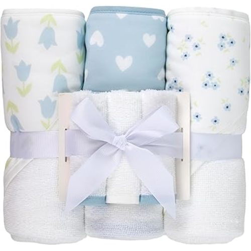 Jessica Simpson Baby 6-Piece Hooded Towel & Washcloth Set – Soft Polyester Hooded Towels + Matching Washcloths – Blue & Neutral Floral Design