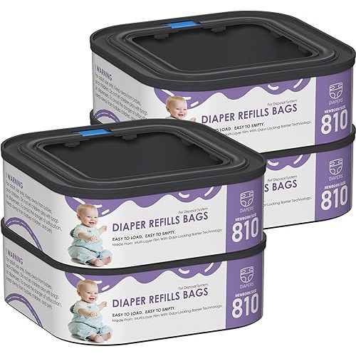 Jumbo Square Refills Disposal Bags Refill Compatible with Genie Diaper Compact, Select and Classic Pails, Hold Up to 810 Newborn-Sized Diapers Per Refill, Pack of 4