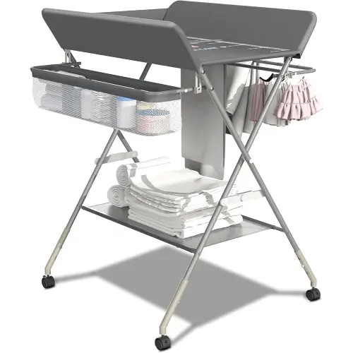Portable Changing Table for Baby, Foldable Baby Changing Table with Storage, Diaper Changing Station for Nursery, Small Infant Changing Station with Wheels & 3-Level Adjustable Height